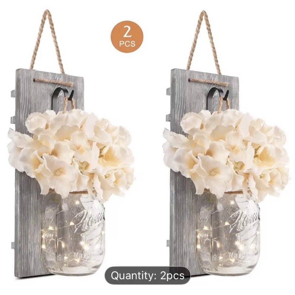 Rustic Wall Sconce Mason Jar Floral Light - Cream Flowers (2 Pack)
